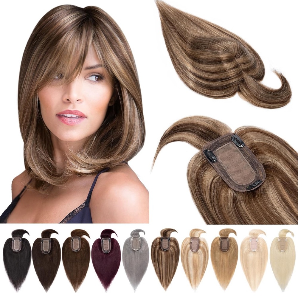 8” Hair Topper, Human Hair With Bangs Silk Base 150% Density Clip In